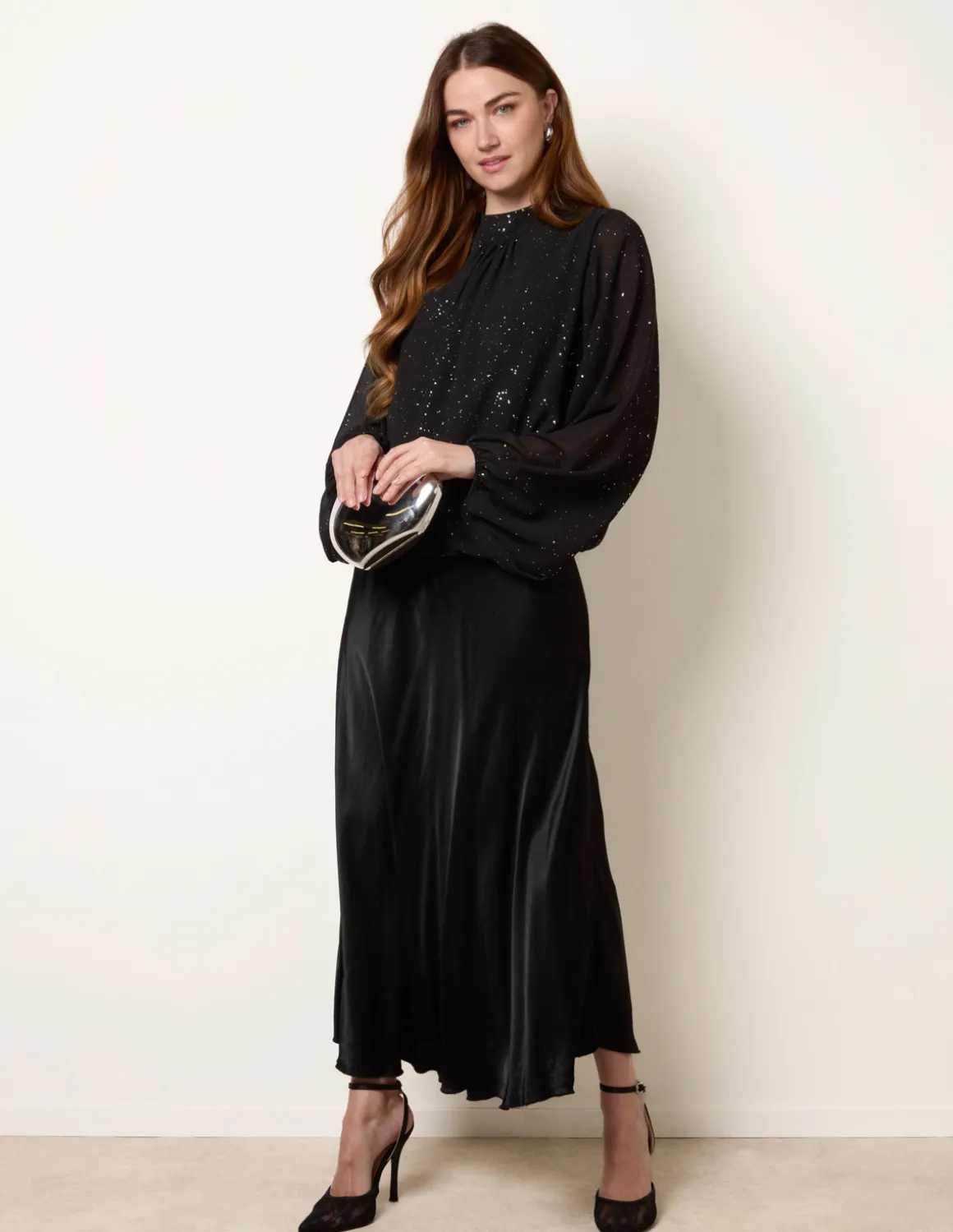 Metallic Sparkle Chiffon High Neck Puffball Top