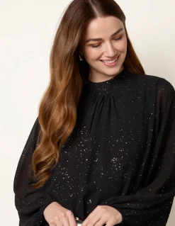 Metallic Sparkle Chiffon High Neck Puffball Top