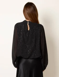 Metallic Sparkle Chiffon High Neck Puffball Top