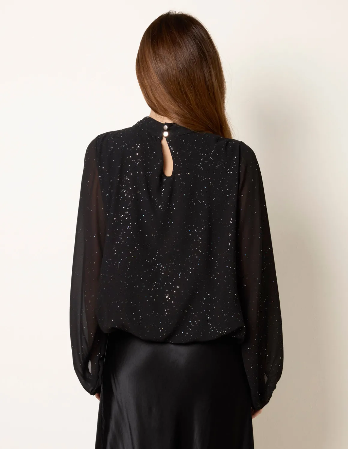Metallic Sparkle Chiffon High Neck Puffball Top