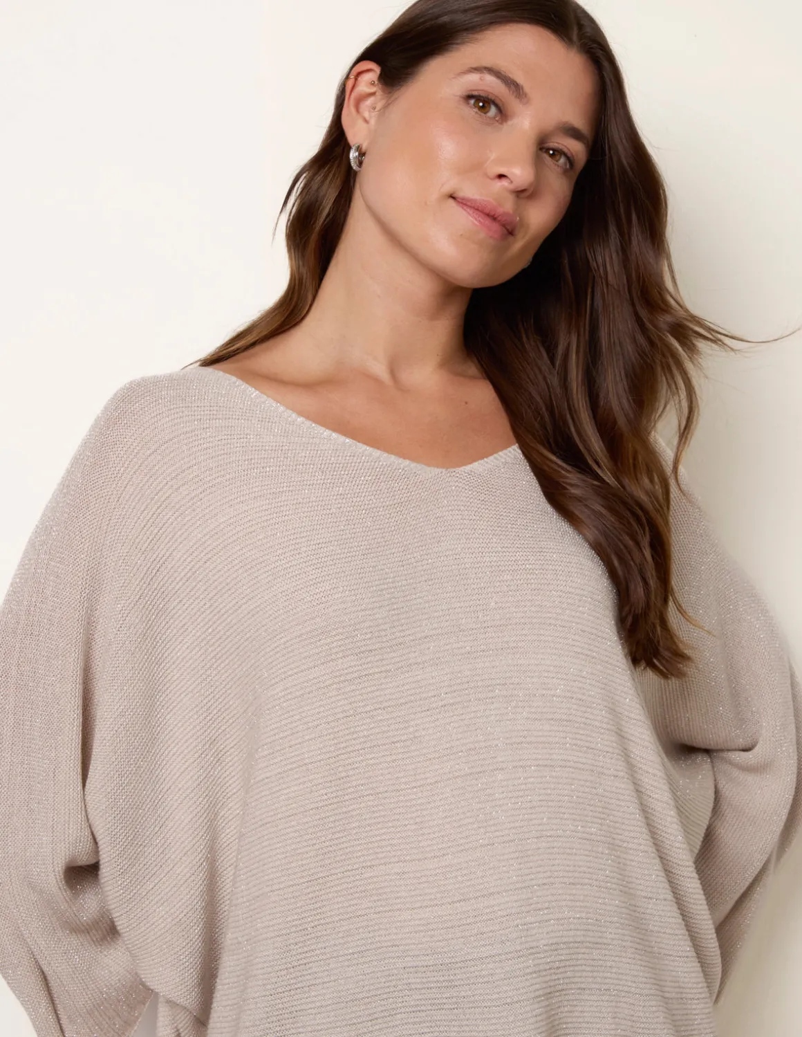 Metallic V Neck Knitted Ripple Jumper