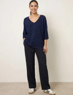 Metallic V Neck Knitted Ripple Jumper