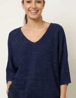 Metallic V Neck Knitted Ripple Jumper