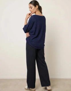 Metallic V Neck Knitted Ripple Jumper