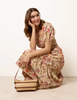 Milkmaid Floral Puff Sleeve Shirred Midi Dress