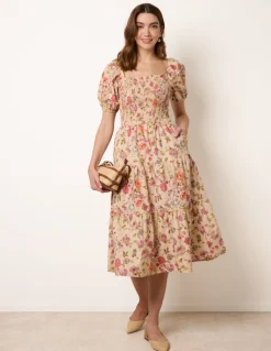 Milkmaid Floral Puff Sleeve Shirred Midi Dress