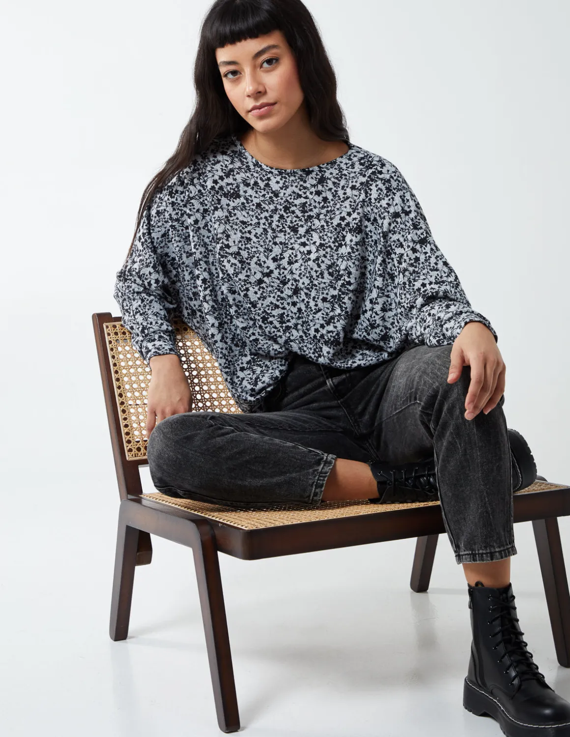 Mini Floral Print Deep Hem Batwing Top