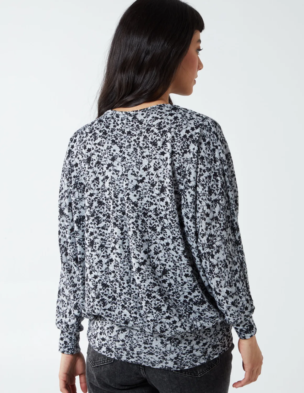 Mini Floral Print Deep Hem Batwing Top