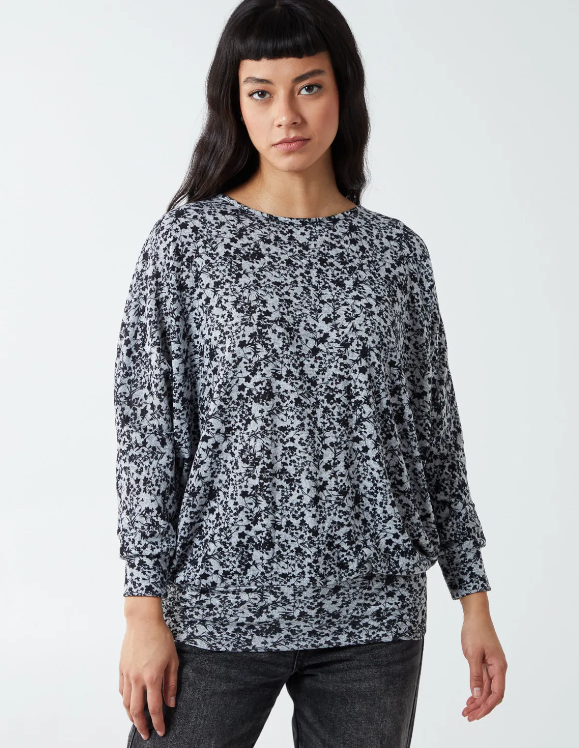 Mini Floral Print Deep Hem Batwing Top