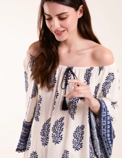 Mix Print Bardot With Tassel Dress