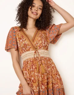 Mix Print Beaded Wrap Dress