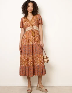 Mix Print Beaded Wrap Dress