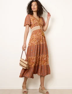 Mix Print Beaded Wrap Dress