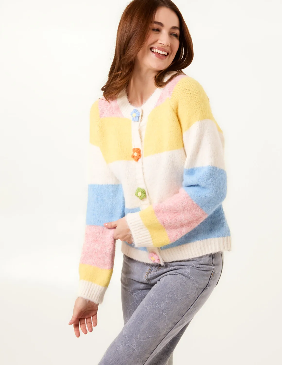 Multi Coloured Striped Cardigan With Flower Buttons
