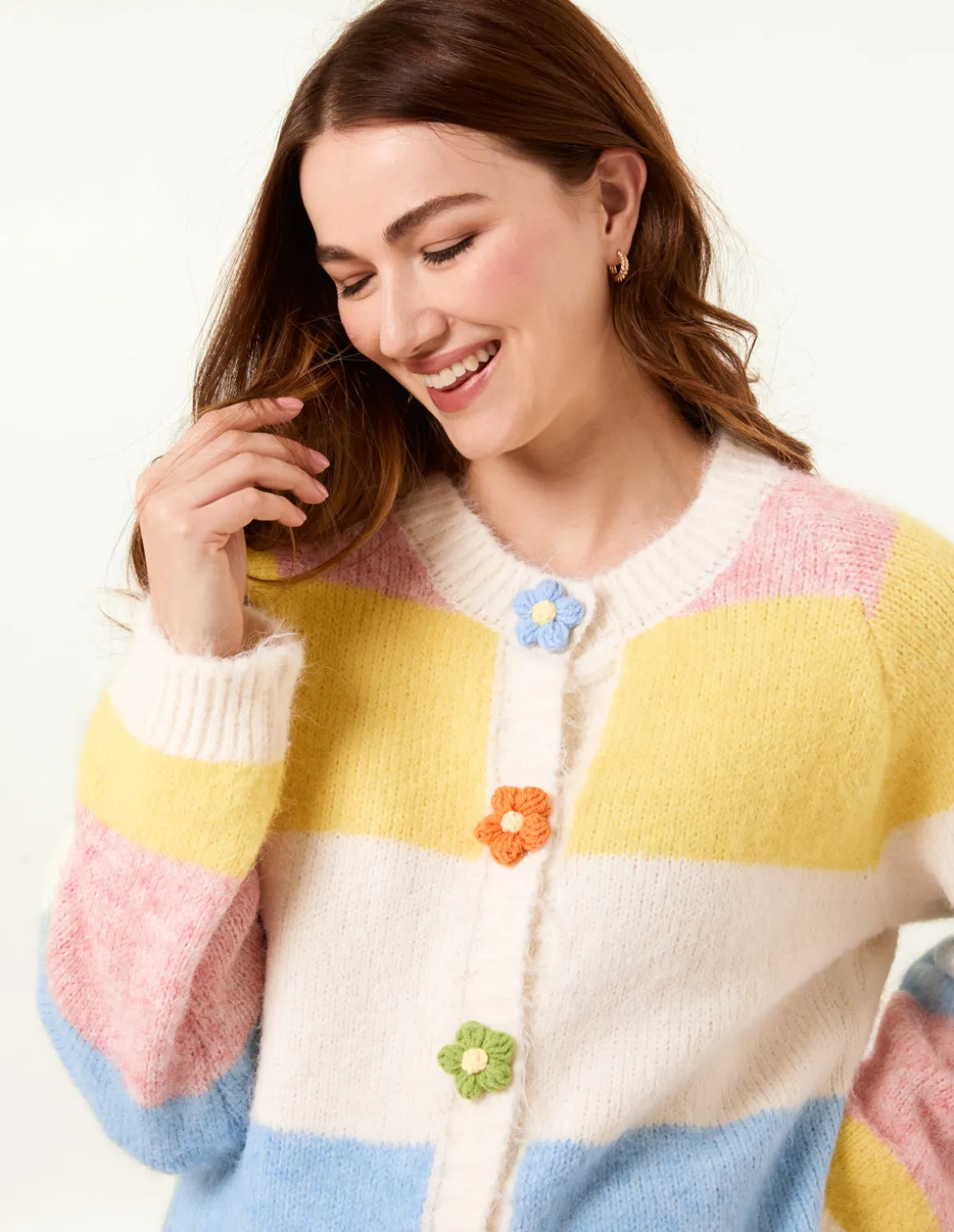 Multi Coloured Striped Cardigan With Flower Buttons