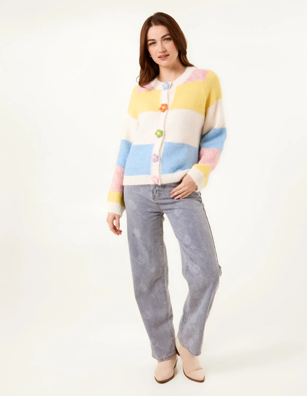 Multi Coloured Striped Cardigan With Flower Buttons
