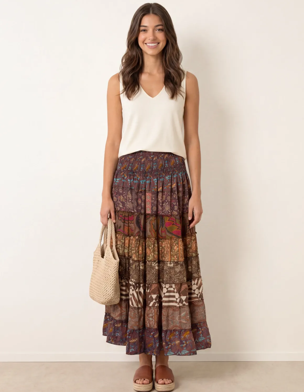 Multi Print Shirred Skirt