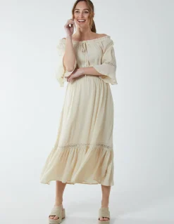 Off Shoulder Elasticated Lace Insert Midi Dress