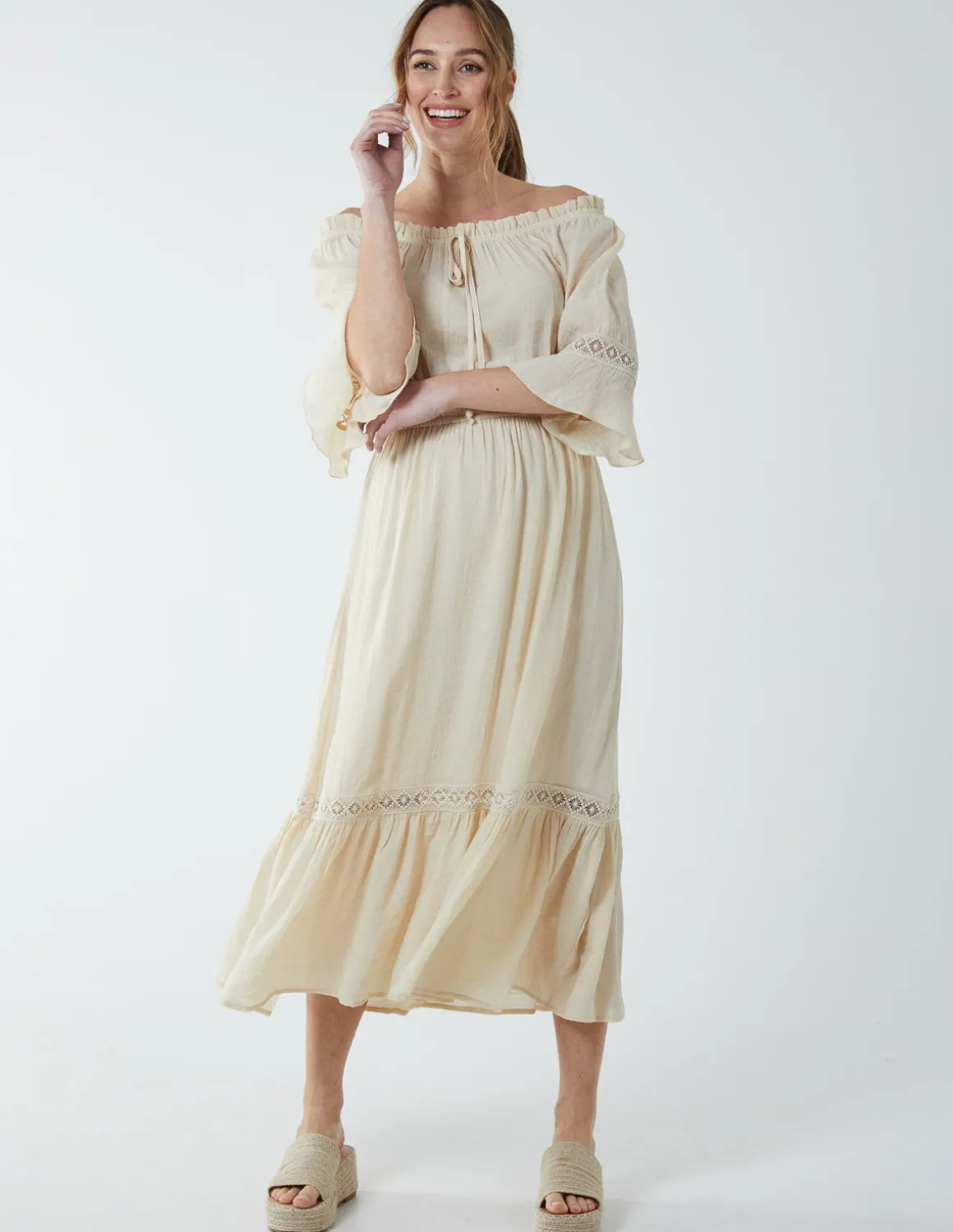 Off Shoulder Elasticated Lace Insert Midi Dress