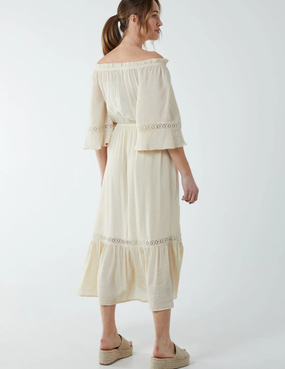 Off Shoulder Elasticated Lace Insert Midi Dress