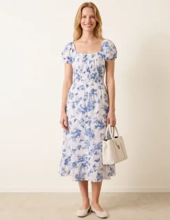 Off The Shoulder Puff Sleeve Shirred Print Dress