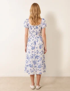 Off The Shoulder Puff Sleeve Shirred Print Dress