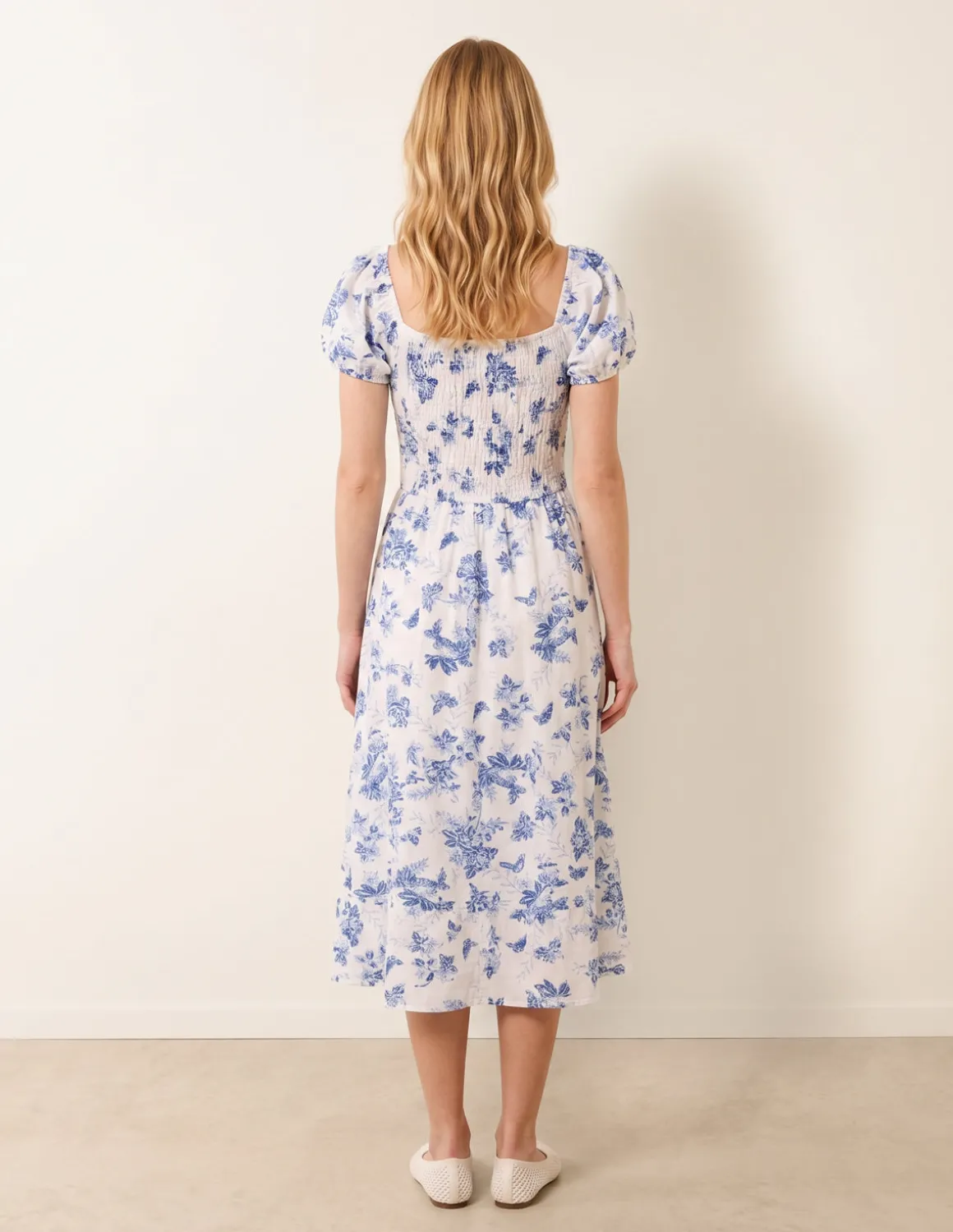Off The Shoulder Puff Sleeve Shirred Print Dress