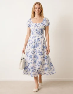 Off The Shoulder Puff Sleeve Shirred Print Dress