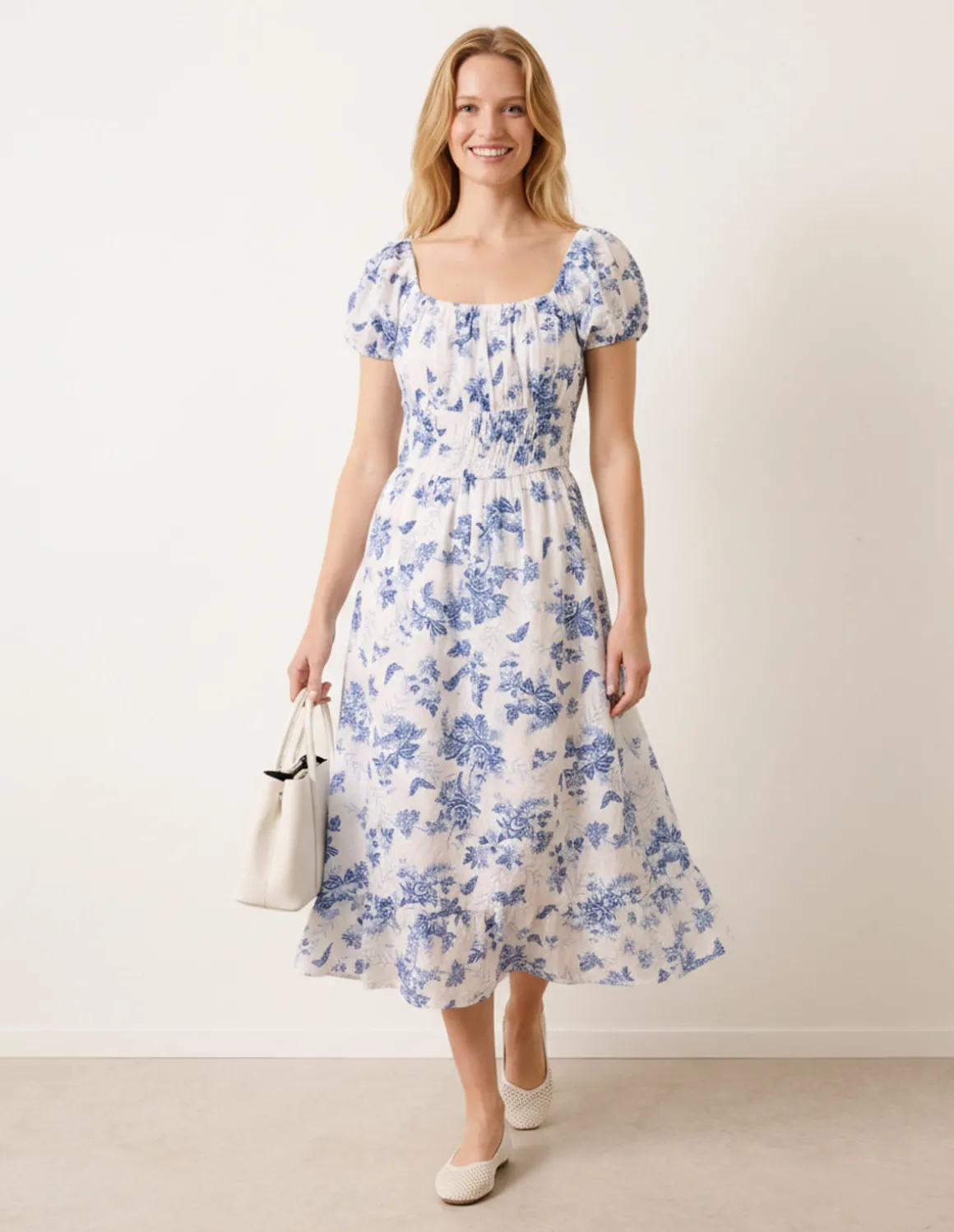 Off The Shoulder Puff Sleeve Shirred Print Dress