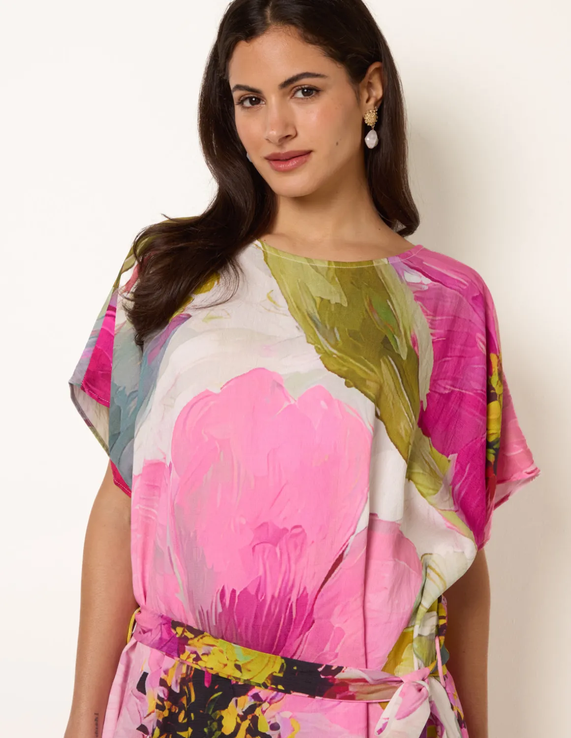 Painterly Floral Tie Waist Midi Dress