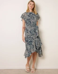 Paisley Print Angel Sleeve Asymmetric Midi Dress