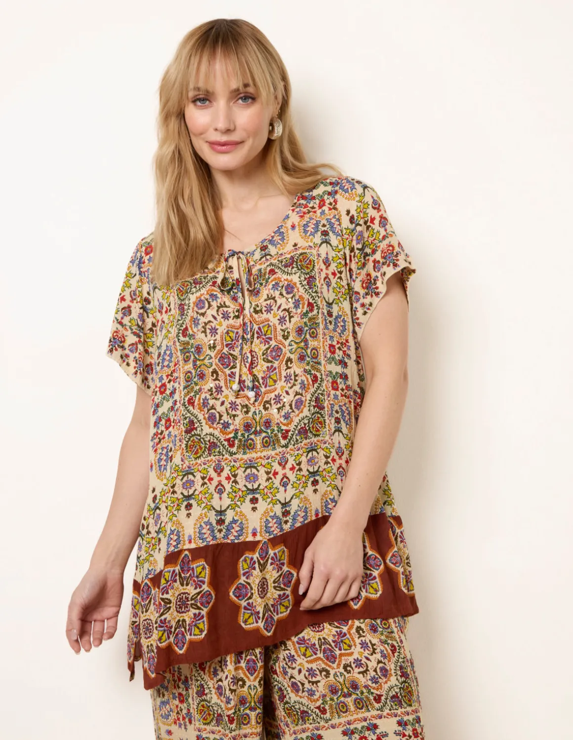 Paisley Print Embellished Tie Front Top