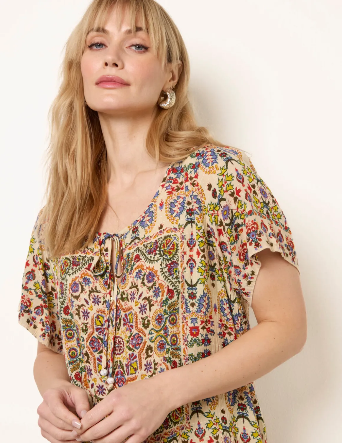 Paisley Print Embellished Tie Front Top