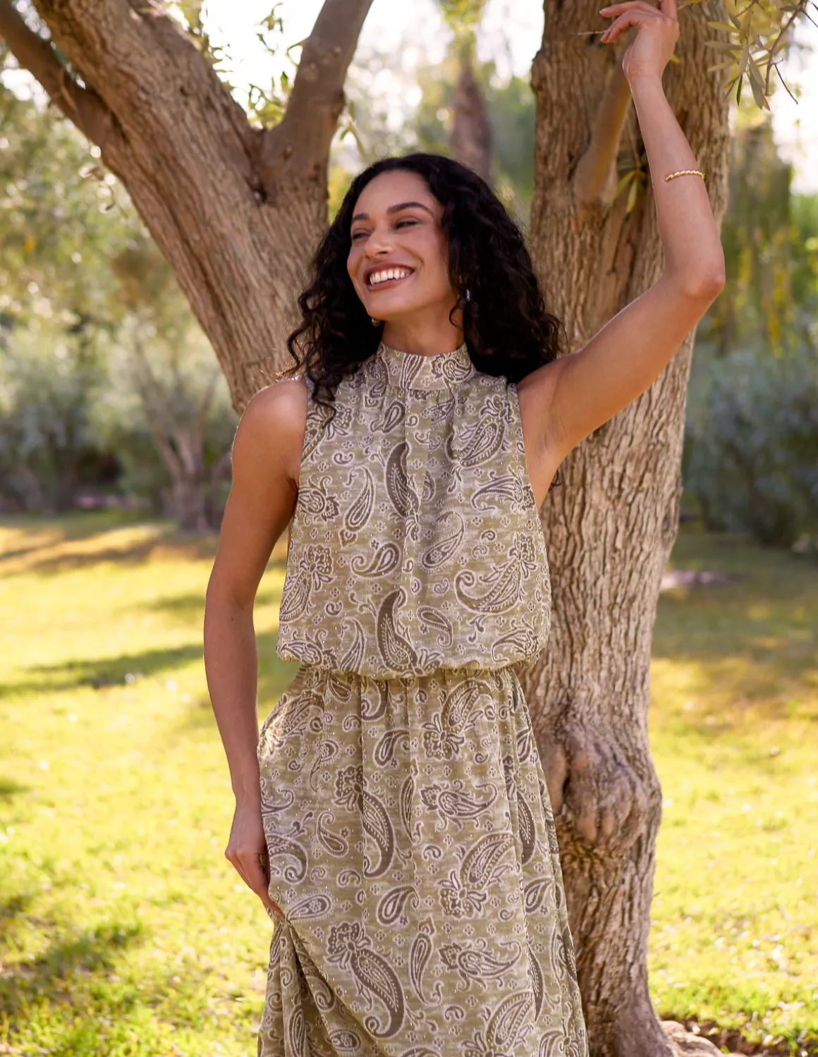 Paisley Print Rhinestone High Neck Midi Dress