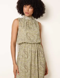 Paisley Print Rhinestone High Neck Midi Dress