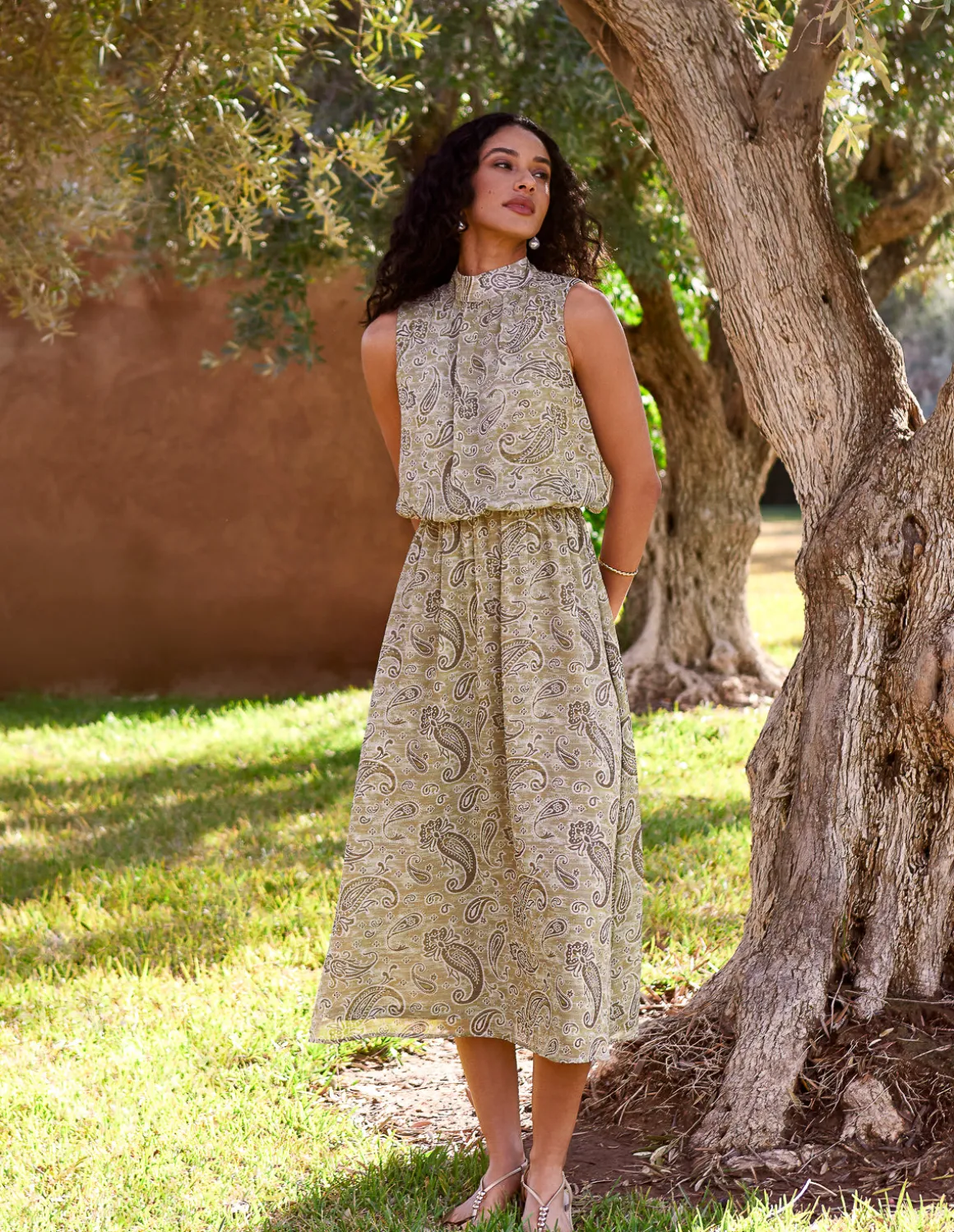 Paisley Print Rhinestone High Neck Midi Dress