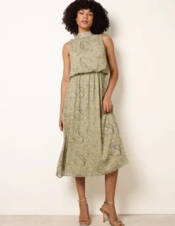 Paisley Print Rhinestone High Neck Midi Dress