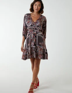 Paisley Wrap Front Pleated Kimono Sleeve Dress