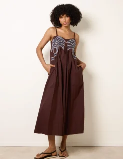 Palm Tree Embroidery Smock Dress