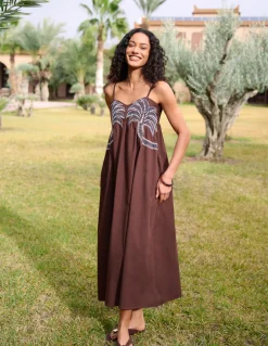 Palm Tree Embroidery Smock Dress