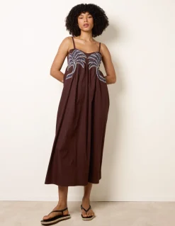Palm Tree Embroidery Smock Dress