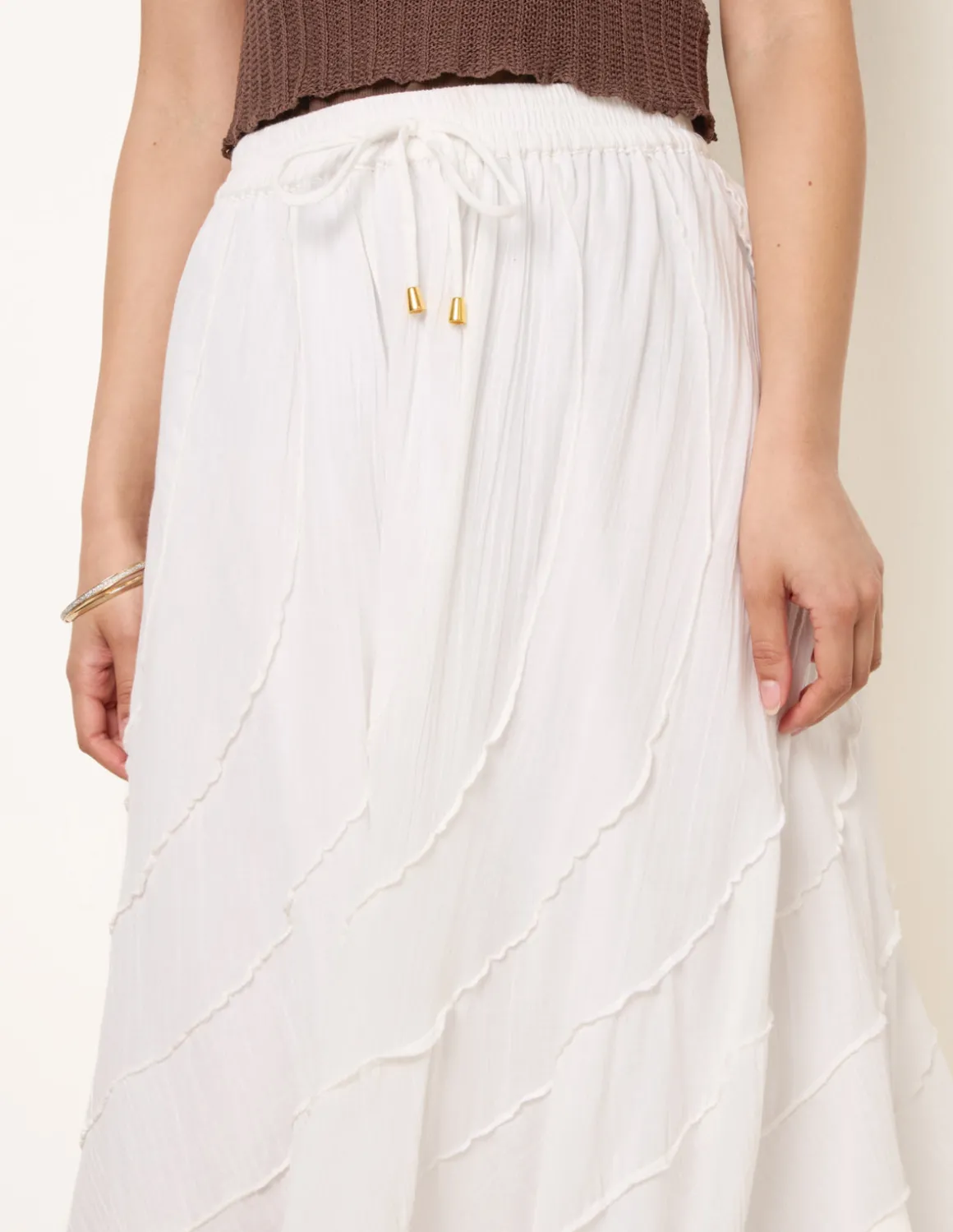 Panelled Overlocked Frill Maxi Skirt