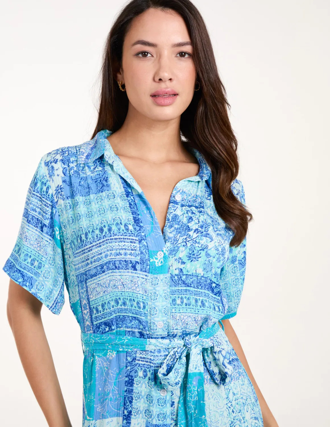 Patchwork Button Through Shirt Belted Dress