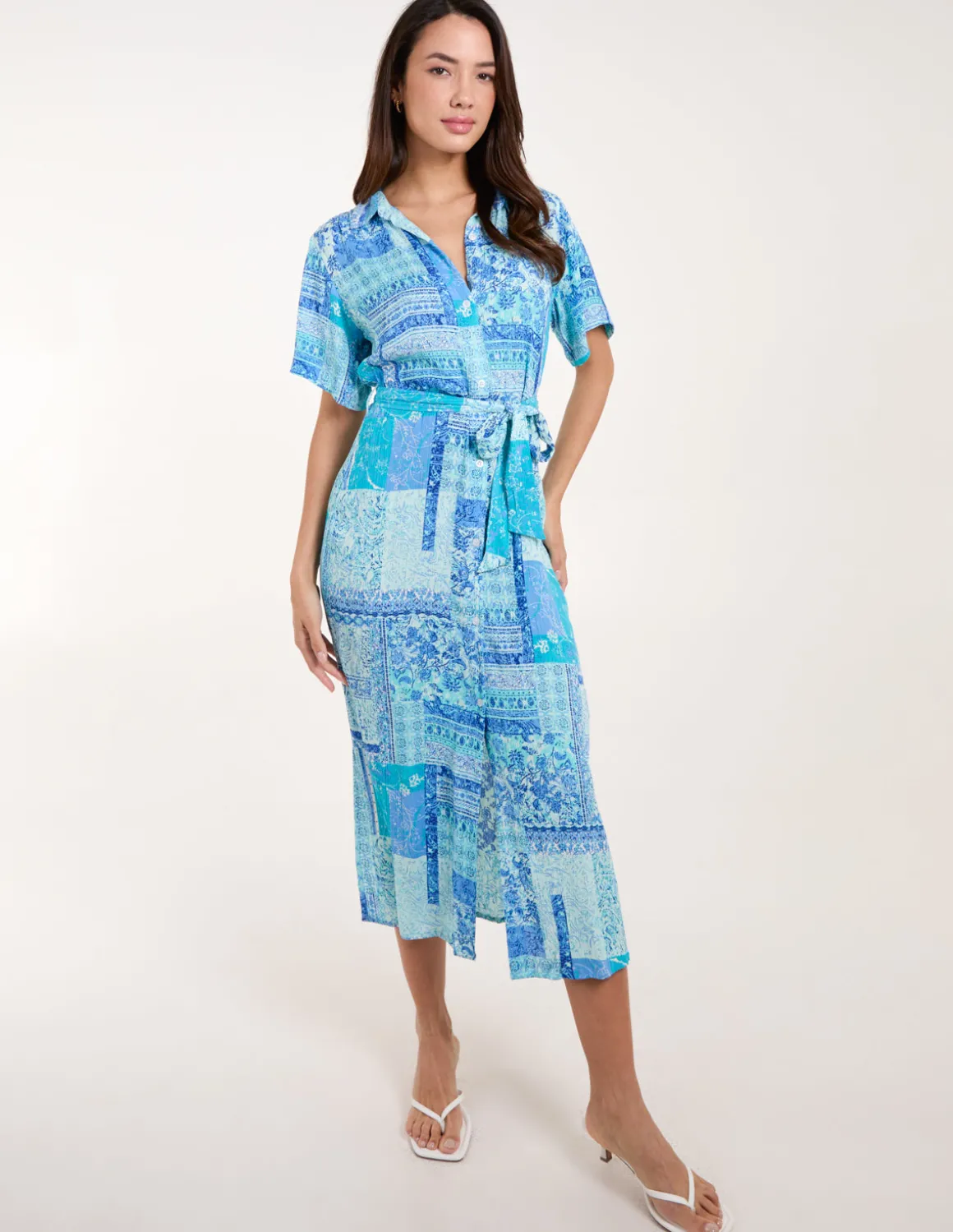 Patchwork Button Through Shirt Belted Dress
