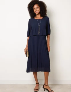 Pleated Short Sleeve Dress with Necklace