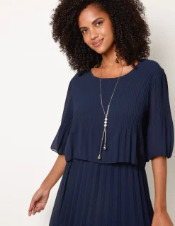 Pleated Short Sleeve Dress with Necklace