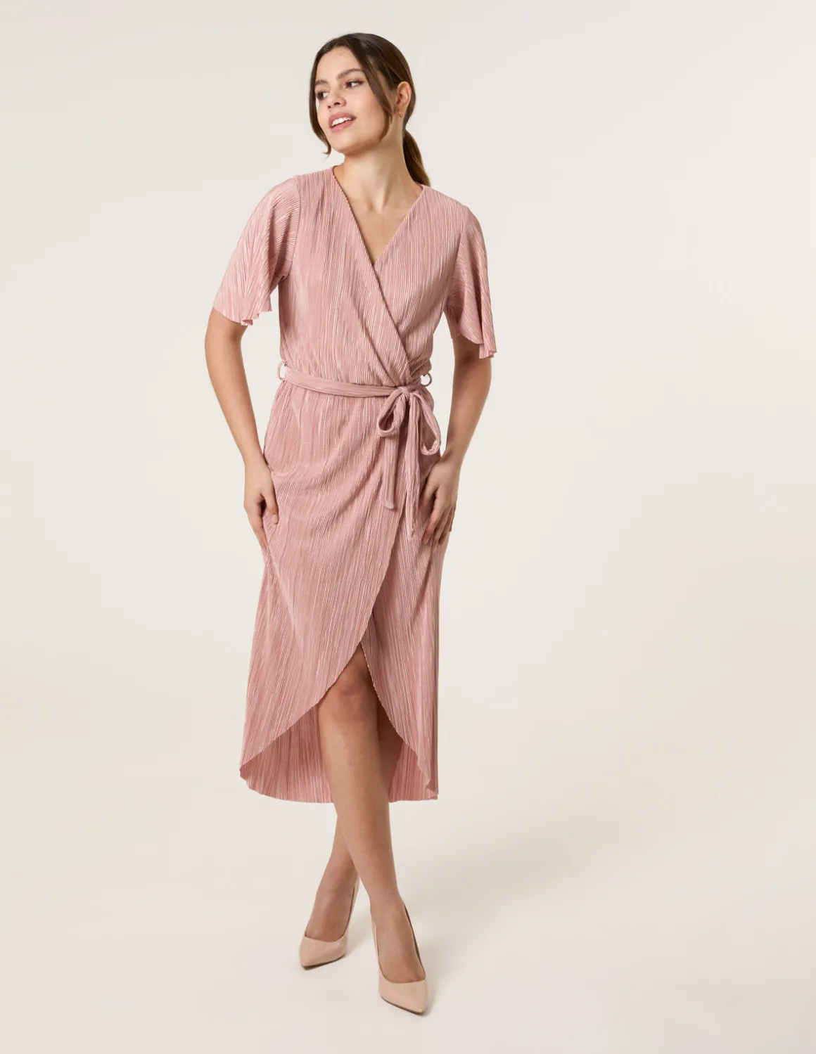 Plisse Wrap Over Midi Dress