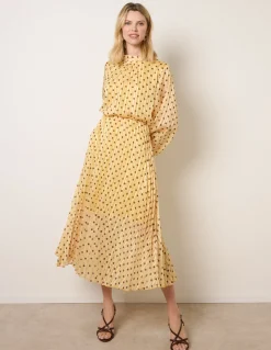 Polka Dot Cowl Neck Pleated Long Sleeve Dress