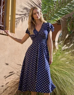 Polka Dot Elastic V Neck Midi Dress