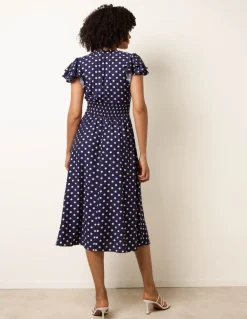Polka Dot Elastic V Neck Midi Dress